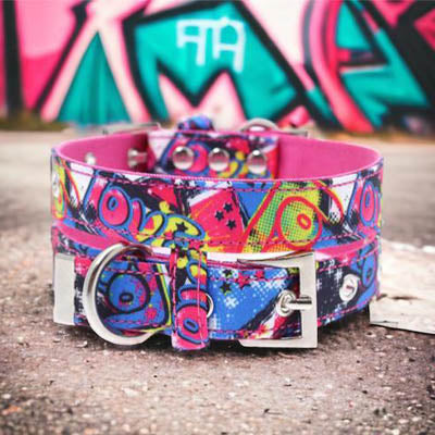 Urban Pup Graffiti Hot Pop Pink and Blue Dog Collar