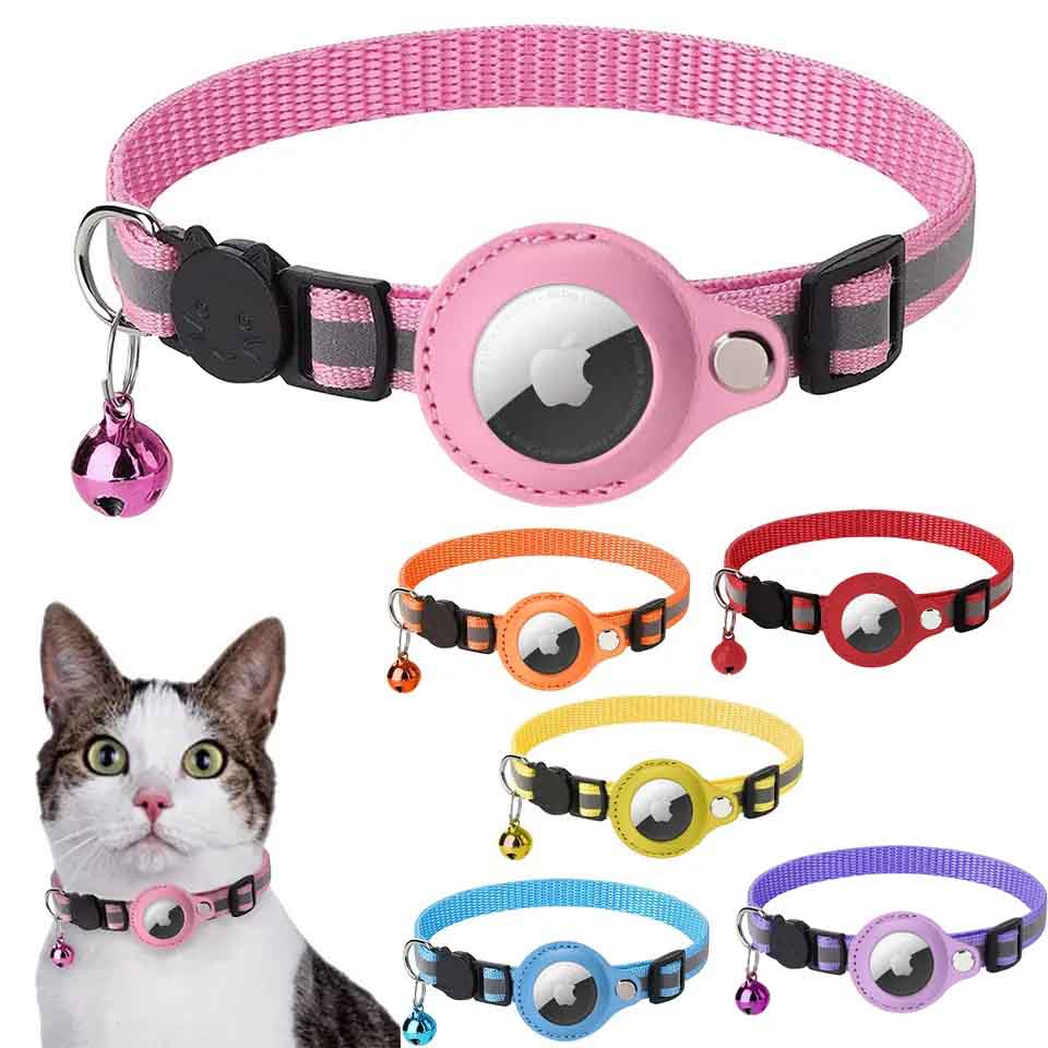 Adjustable Cat or Small Dog Collar for Apple Air Tag with PU Leather Casing and Reflective Webbing