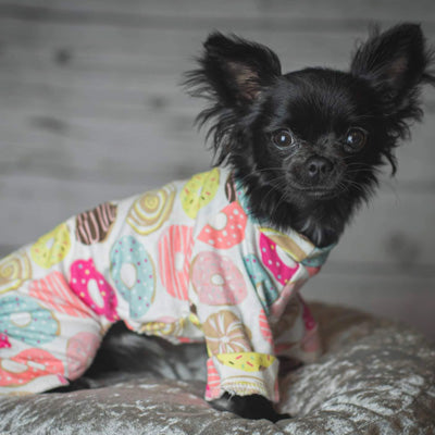 Chihuahua Small Dog Pyjamas Onesie Style Donuts Print White Cotton