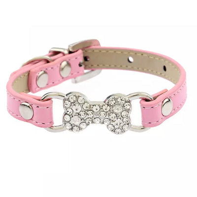 PU Leather Diamante Bones Dog Collar Extra Small Pink