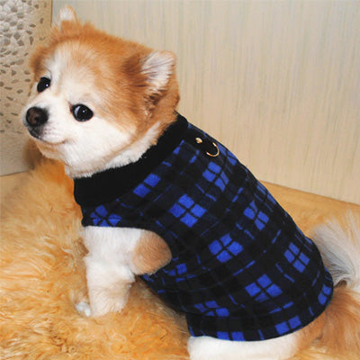 Small Dog Lightweight Fleece Jumper with D Rings For Leash Blue and Black Check