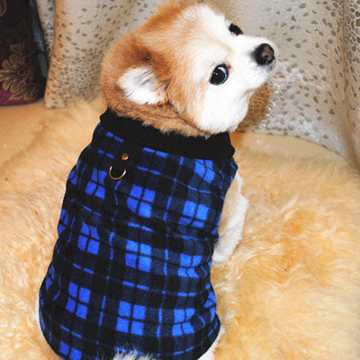 Small Dog Lightweight Fleece Jumper with D Rings For Leash Blue and Black Check