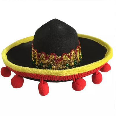 Chihuahua or Small Dog Black Mexican Sombrero Hat with Bobbles