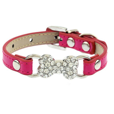 PU Leather Diamante Bones Dog Collar Pink