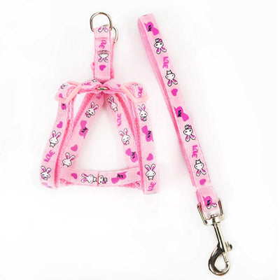 Chihuahua Harness and Lead Set PINK BUNNY LOVE Medium Weight Webbing