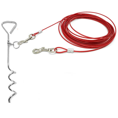 Sturdy Steel Tie Out Cable and Stake Set for Dogs Red