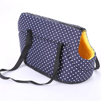 Padded Travel Shoulder Bag Dark Blue White Polka Dot Dog Carrier Chihuahua Clothes and Accessories at My Chi and Me