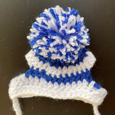 Handmade Chihuahua or Small Dog Pom Pom Hat White & Royal Blue